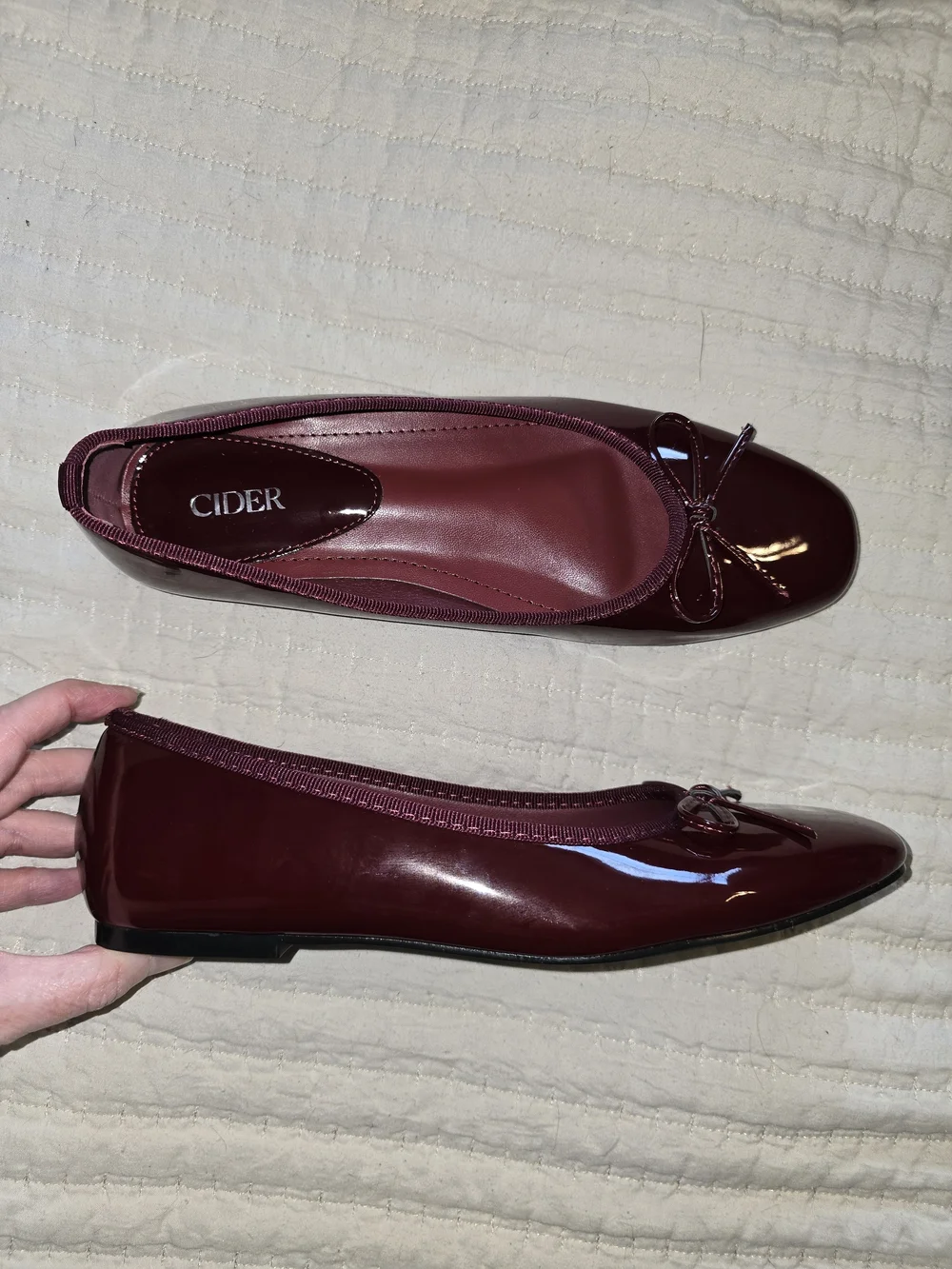 Wine Square Toe Flats With Bow Detail. Adorable Shoe With Patent Finish.